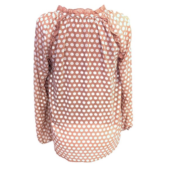 Rose + Olive | Pink Long Sleeve Ruffle Collar Polka Dot Blouse | Size Small - Picture 6 of 13